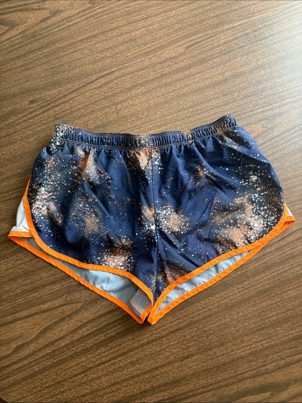 Nike Small Dri Fit Navy Galaxy Print Running Shorts with Orange Trim